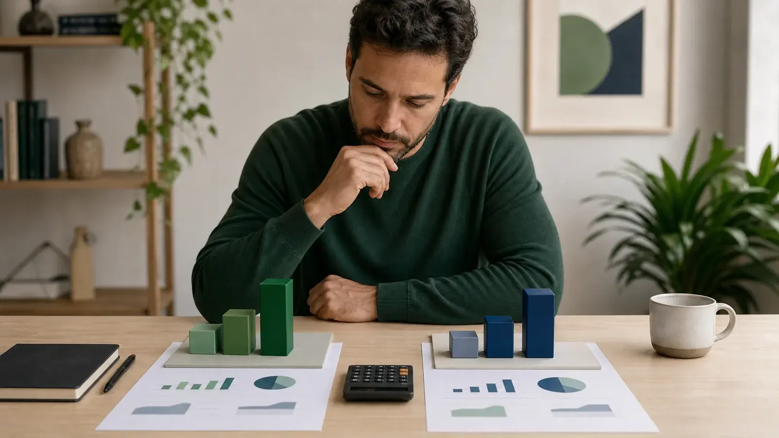 Pessoa comparando duas opções de renda fixa em uma mesa com calculadora e gráficos genéricos