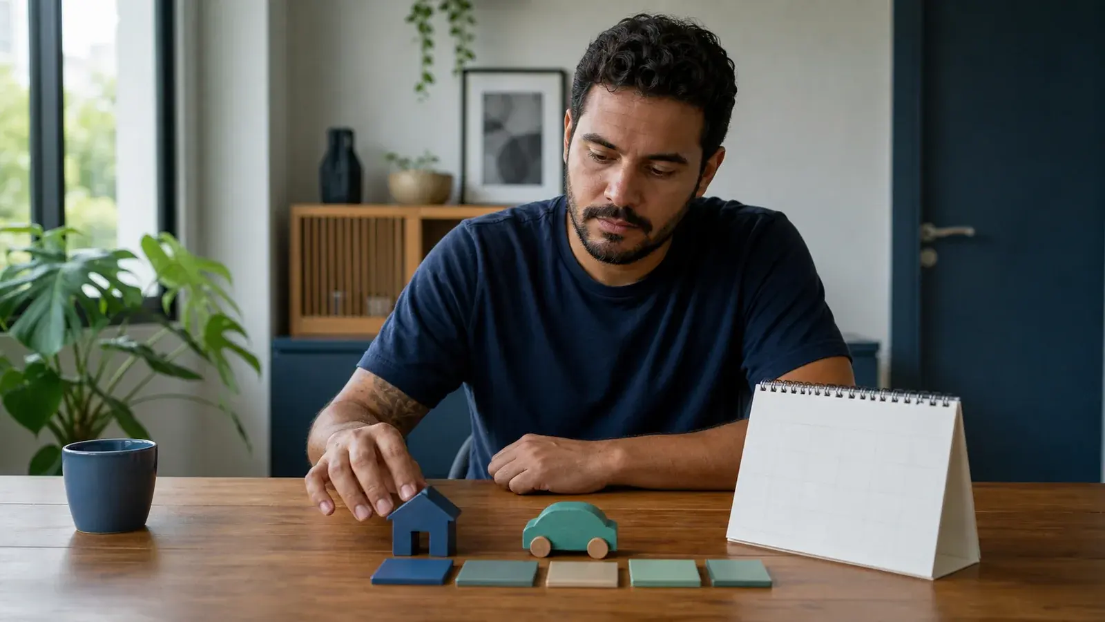 Pessoa comparando caminhos para planejar a compra de um bem com peças abstratas de casa e automóvel
