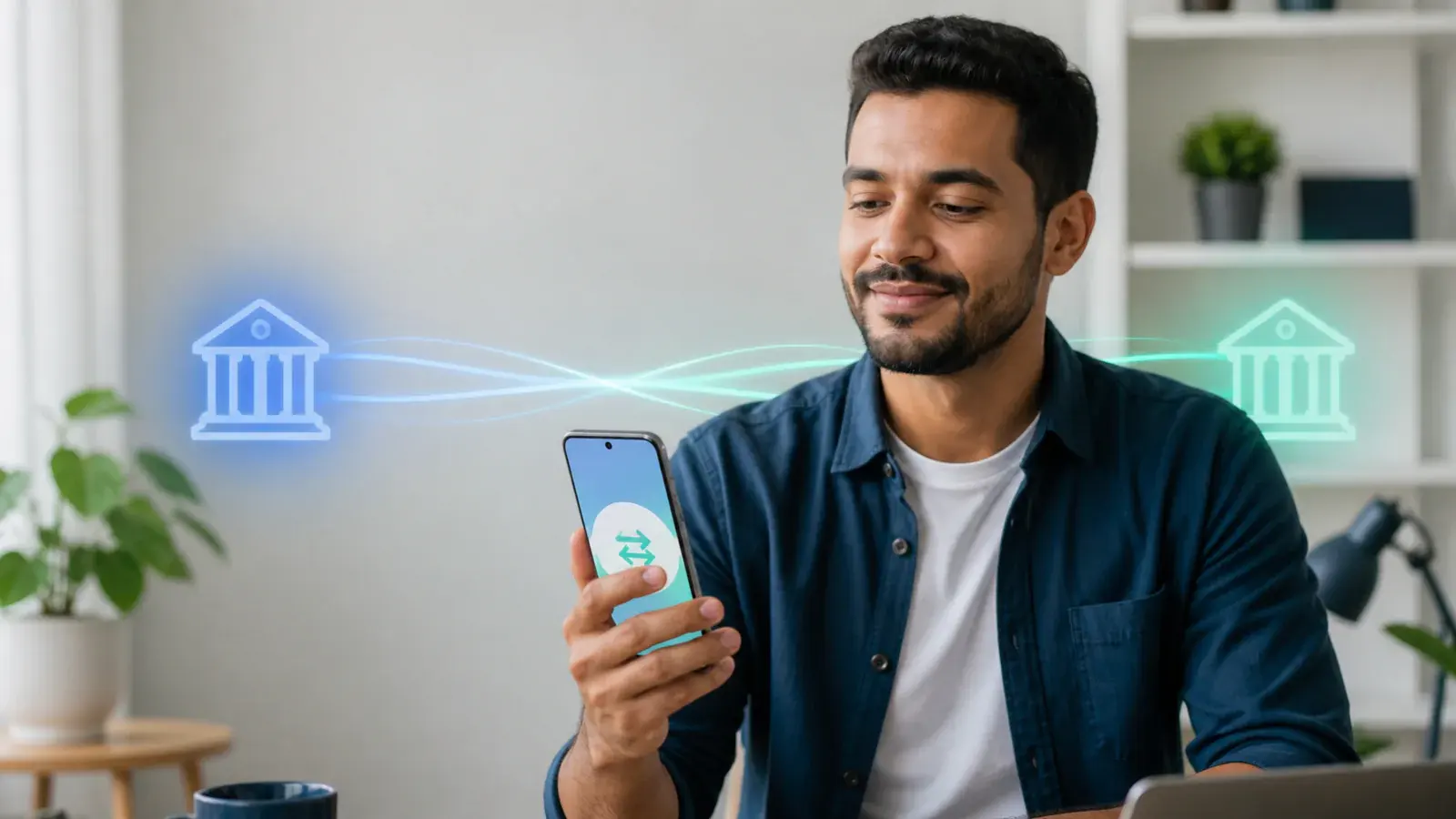 Trabalhador usando o celular para transferir o salário entre instituições financeiras