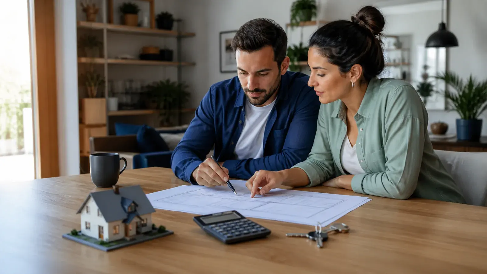 Casal comparando o planejamento de um financiamento imobiliário em casa