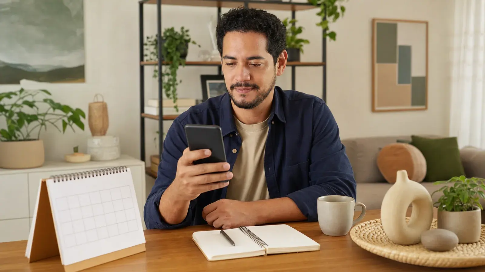 Pessoa conferindo pagamentos recorrentes em um celular ao lado de calendário e caderno de orçamento
