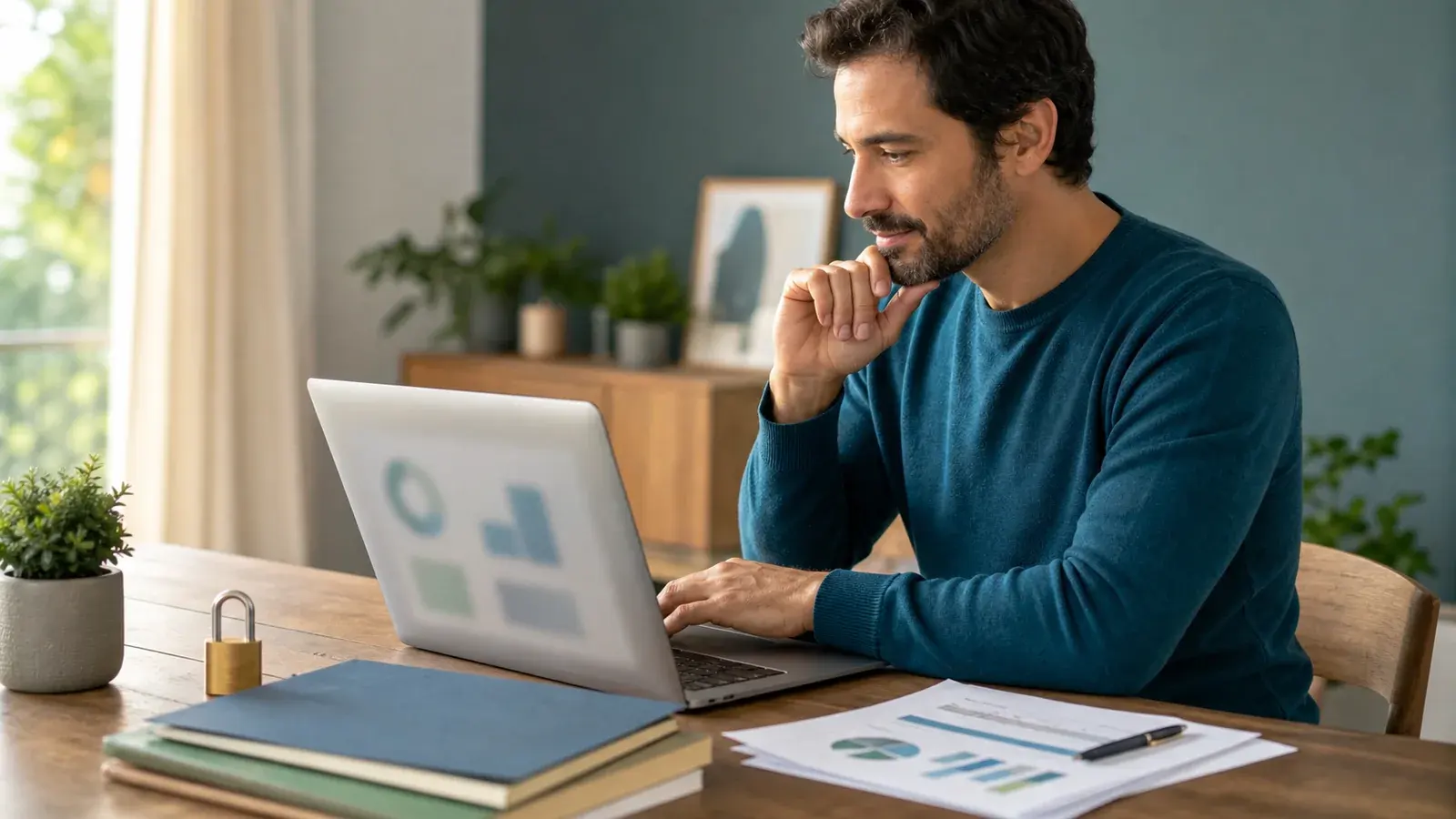 Pessoa conferindo informações financeiras em um notebook com elementos visuais de segurança ao redor