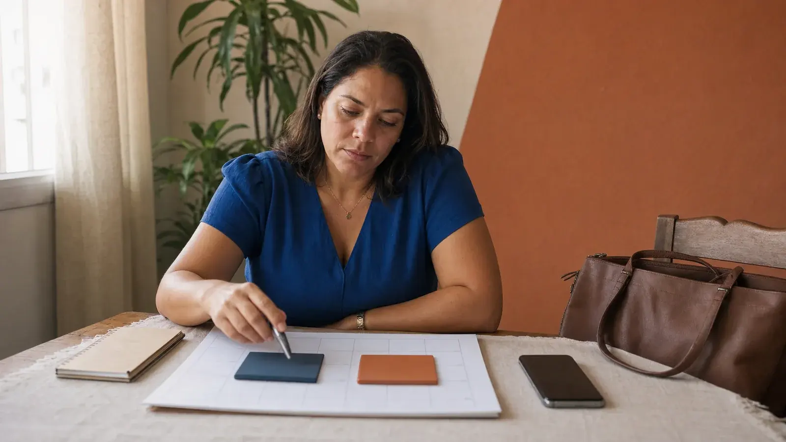 Trabalhadora analisando uma decisão financeira de longo prazo com calendário e anotações sem dados pessoais