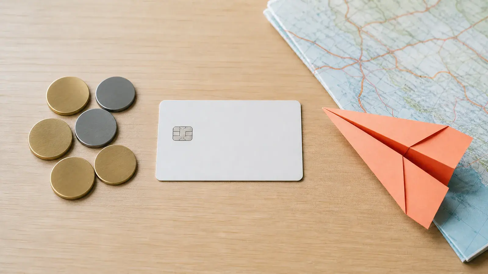 Cartão genérico entre fichas de cashback e um avião de papel sobre mapa