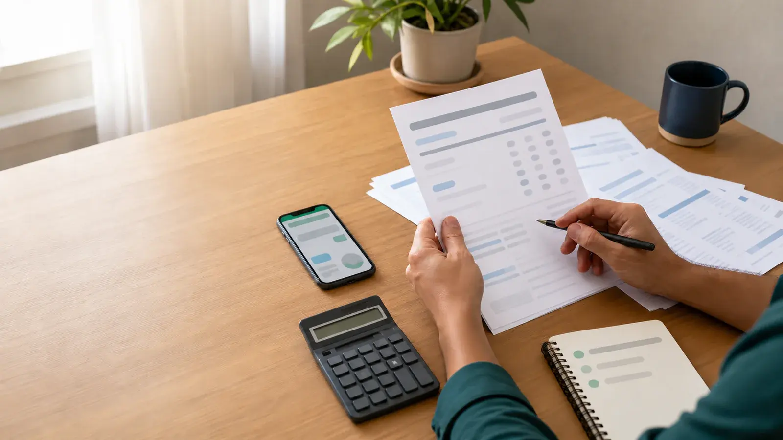 Pessoa revisando tarifas bancárias em uma mesa com celular e calculadora