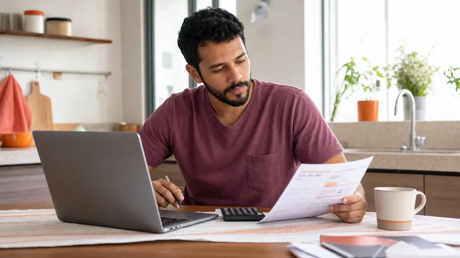 Homem compara propostas de empréstimo no notebook e em uma planilha